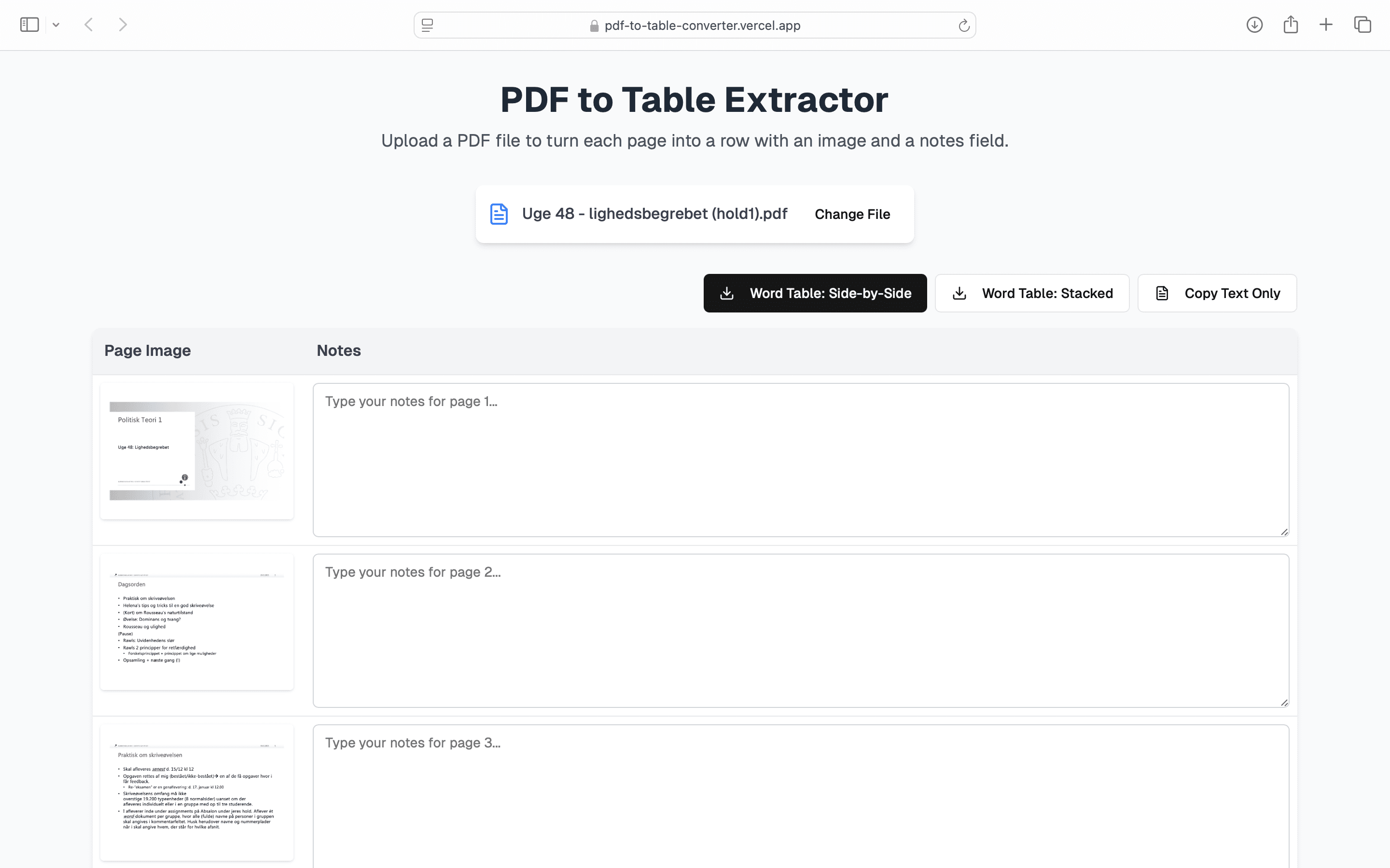 Screenshot of PDF upload and table preview interface