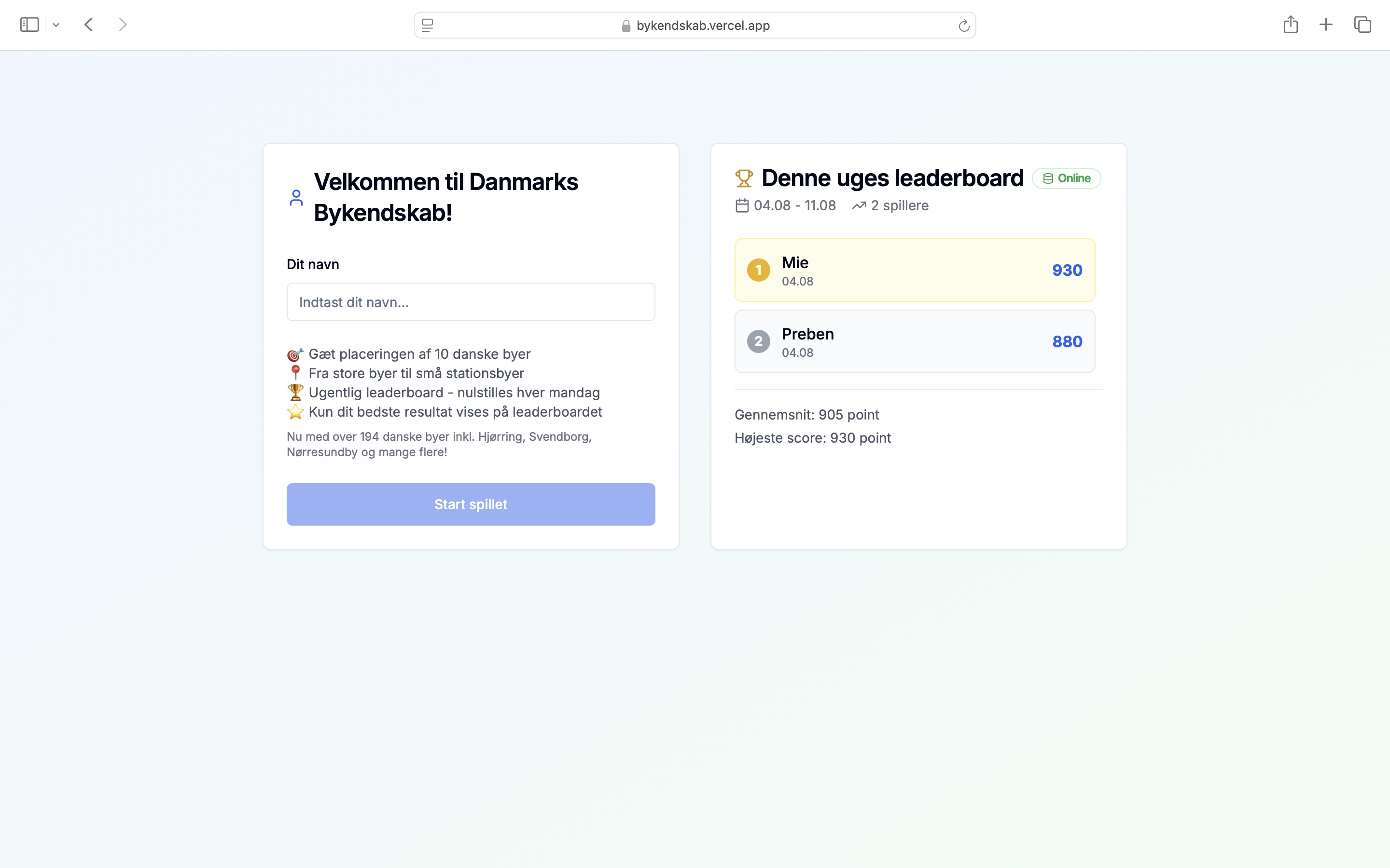 Screenshot of leaderboard functionality