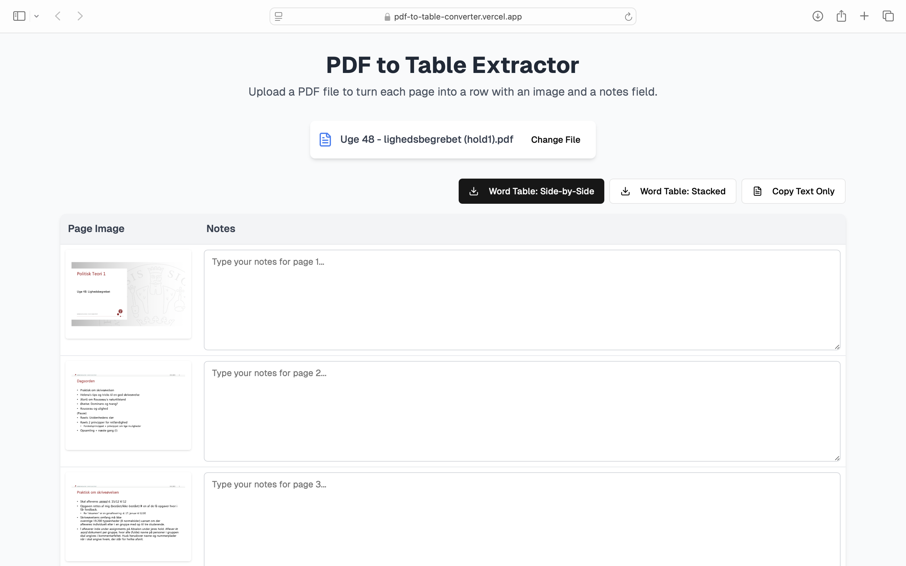 Screenshot of PDF upload and table preview interface