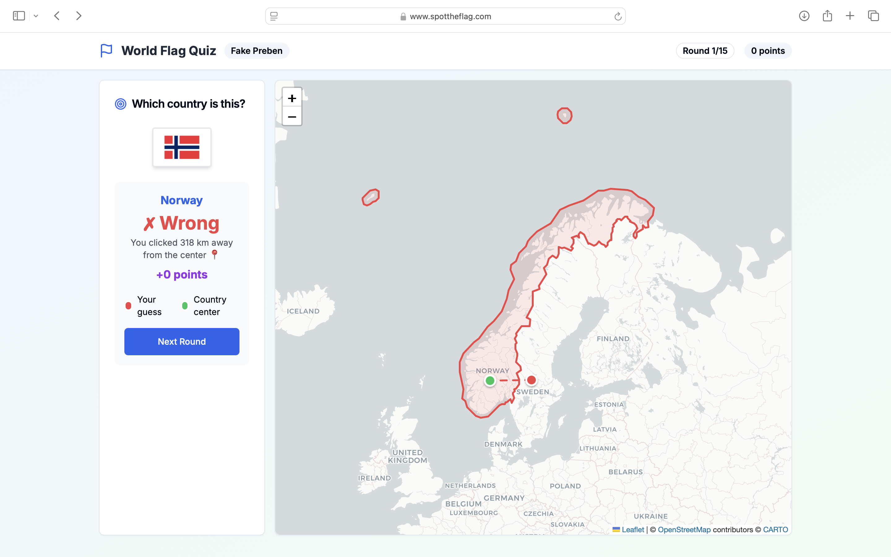 Screenshot of website SpotTheFlag showing wrong country pick