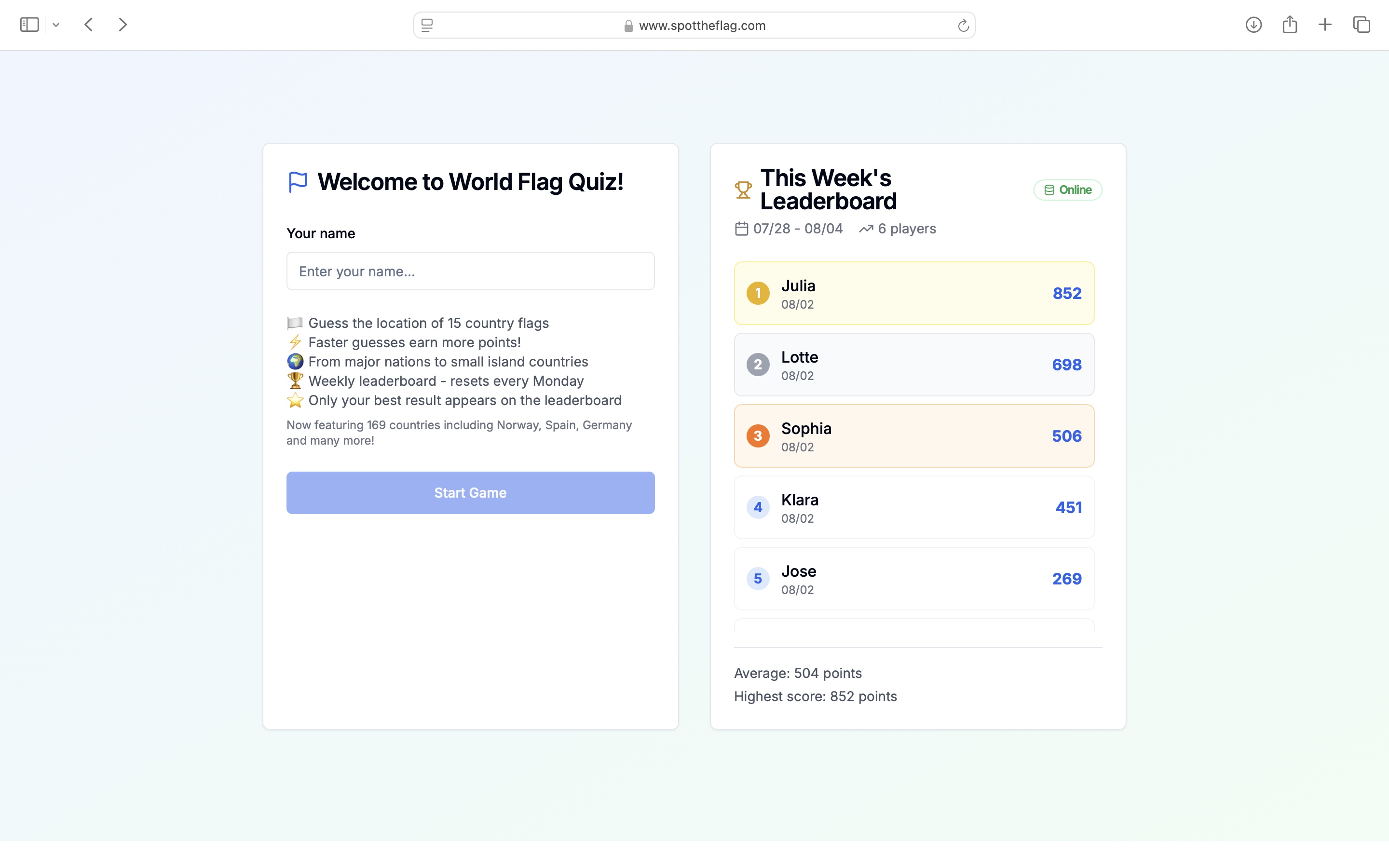 Front page where user types name and where weekly leaderboard is shown